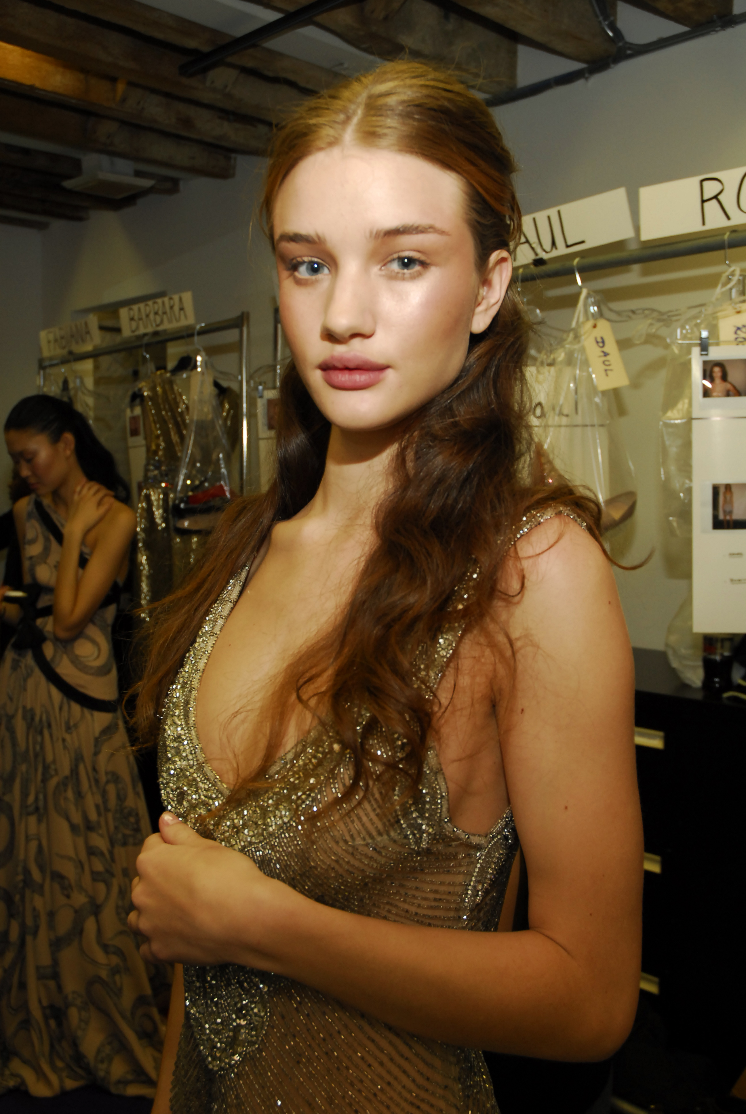 In 2007, Rosie Huntington-Whiteley stuns backstage in a shimmering, plunging gown — embodying old-Hollywood glamor with a modern supermodel edge before stepping into the spotlight. | Source: Getty Images