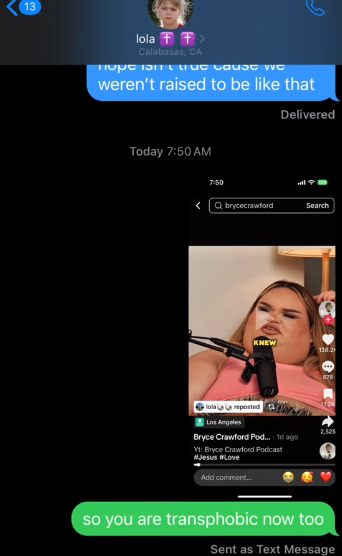Sami Sheen's private messages with Lola Sheen, from a video posted on June 18, 2025 | Source: TikTok/samisheen