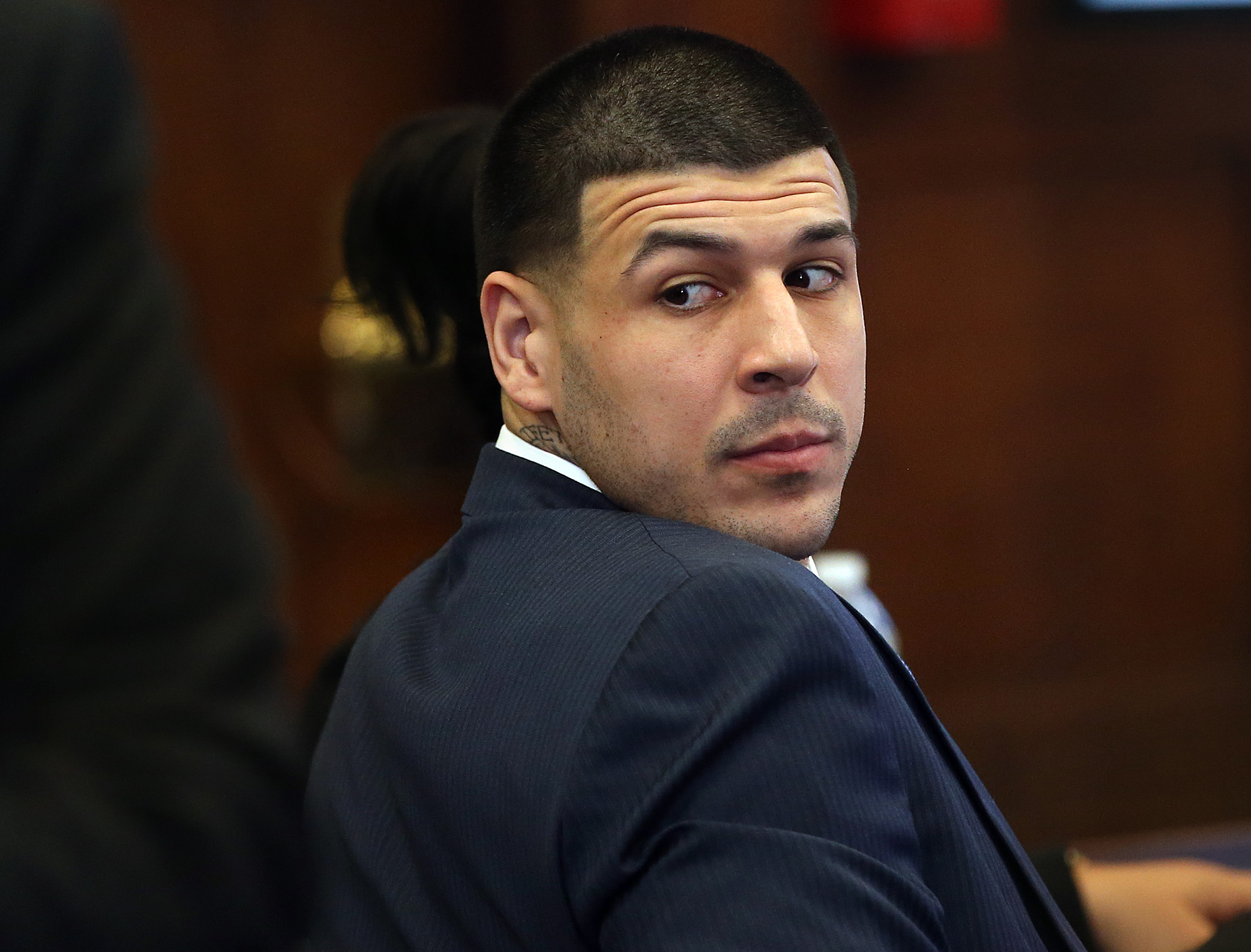 Aaron Hernandez during his double murder trial at Suffolk Superior Court in Boston, Massachusetts, on March 8, 2017. | Source: Getty Images
