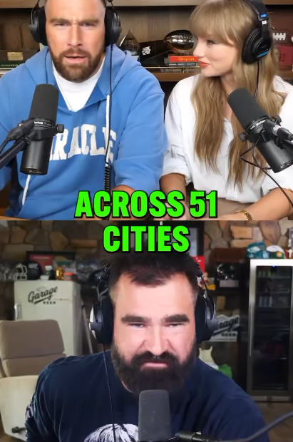Jason Kelce introducing Taylor Swift on his podcast co-hosted by Travis Kelce, from a clip posted August 13, 2025 | Source: Instagram/newheightshow