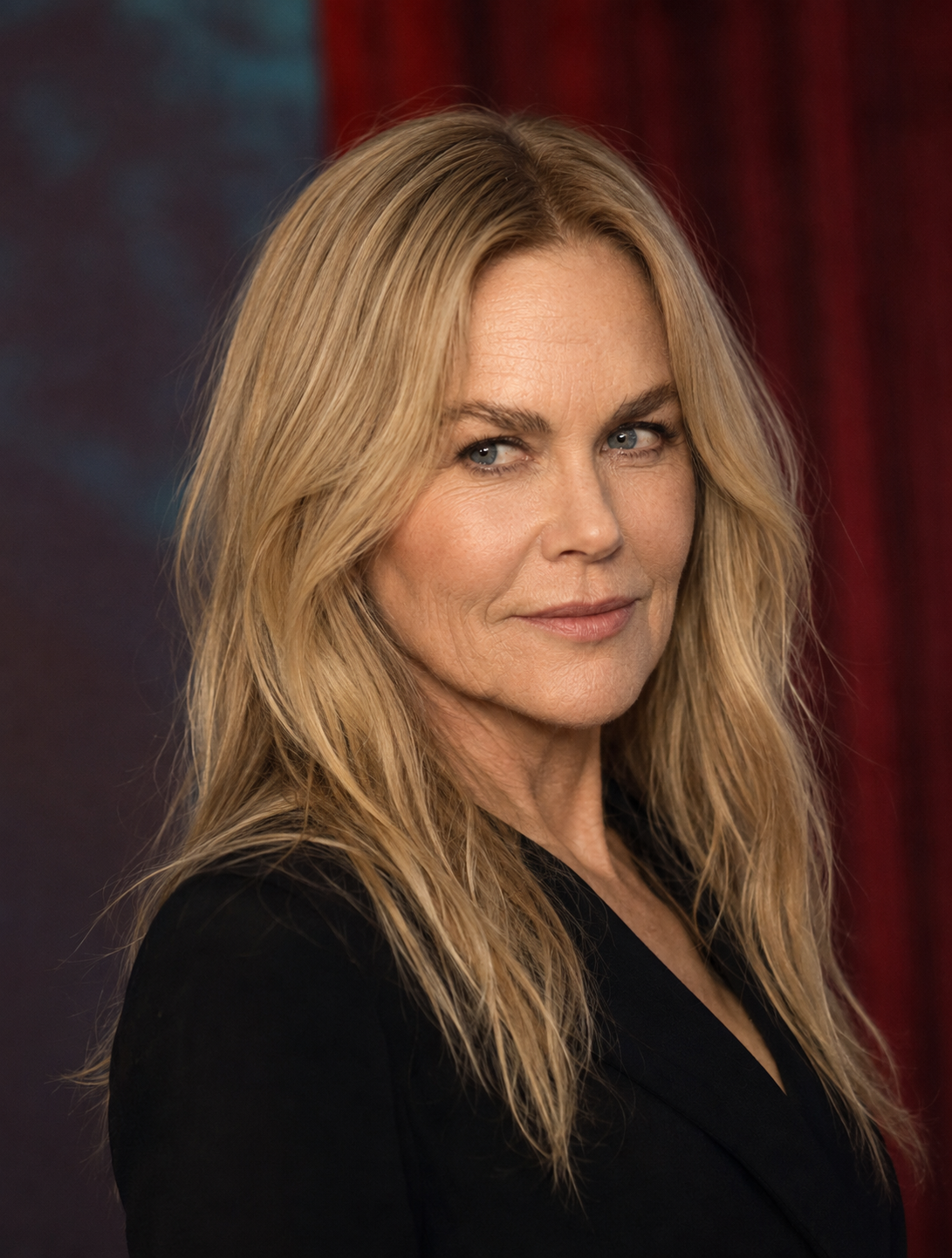 Holding a steady gaze, this contemporary blonde look features deeply etched horizontal forehead lines and authentic texture around the chin and jaw, cementing a powerful image of what an unaltered, beautifully aged Kidman would look like today. | Source: Midjourney