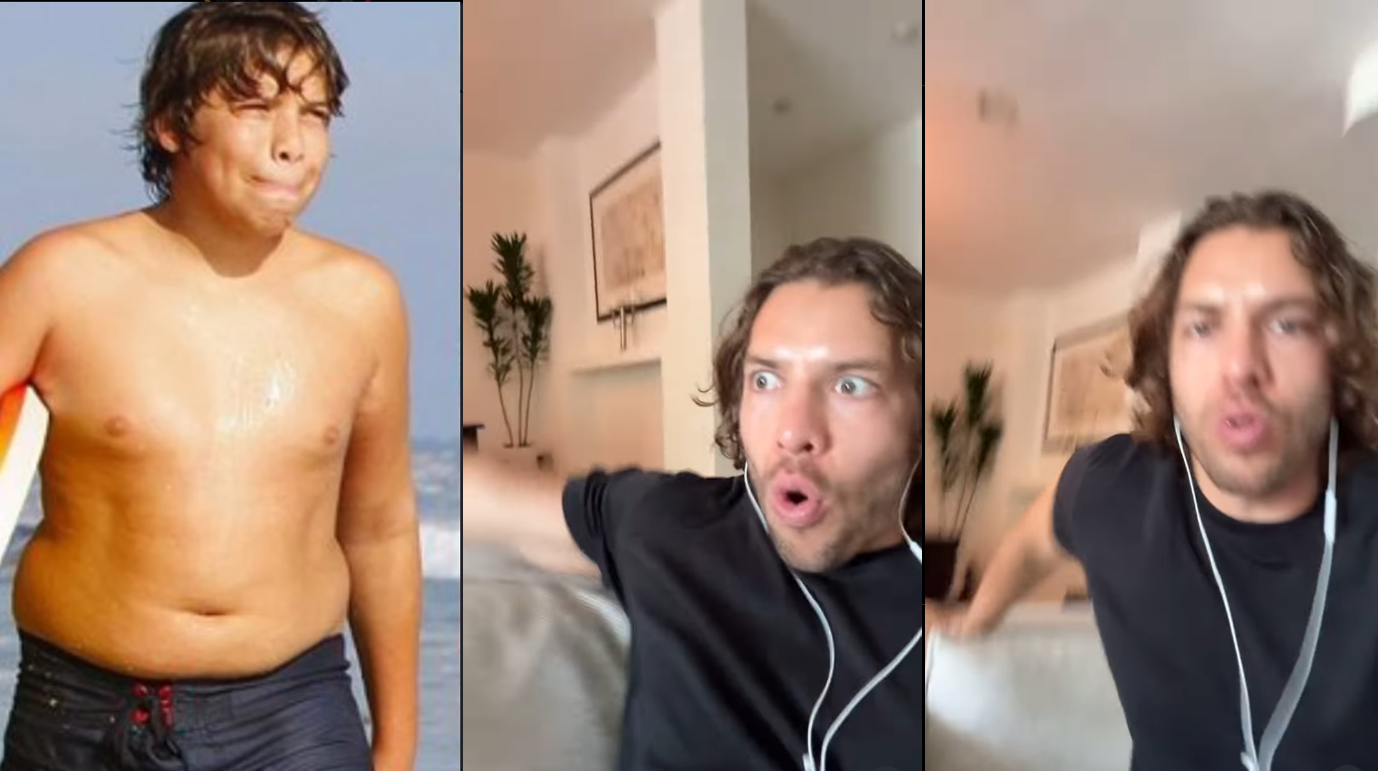 L: Young Joseph Baena in an undated photograph; R: Joseph Baena reacts to picture of himself as an overweight youth, from an Instagram reel dated July 15, 2025. | Source: Instagram/joebaena