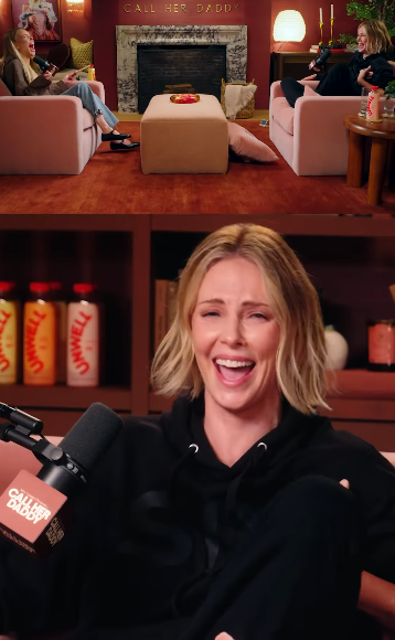 Charlize Theron and Alex Cooper laughing on the "Call Her Daddy" podcast episode teaser, dated July 1, 2025 | Source: Instagram/callherdaddy