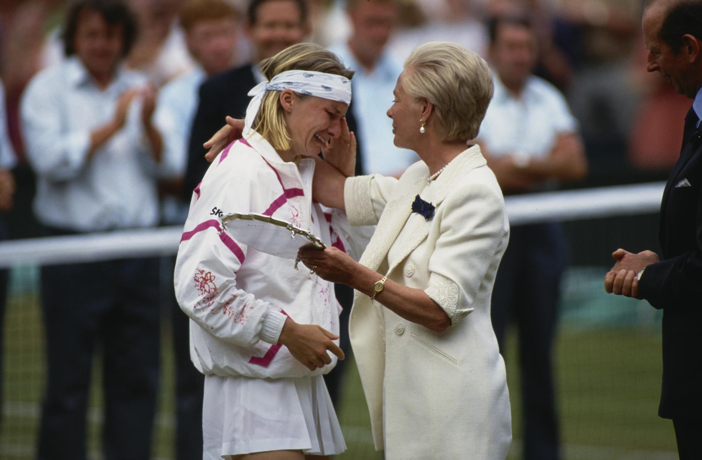 Czech tennis player Jana Novotna (1968-2017) is consoled by British Royal Katharine, Duchess of Kent, after losing the women's singles final at the 1993 Wimbledon Championships held at the All England Lawn Tennis and Croquet Club on July 3, 1993, in London, England.
