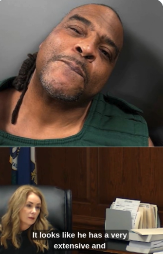 Emonnie Branch appears in a booking photo and during his court appearance, where a prosecutor described his criminal history as extensive. | Source: X/Karen Aguilar