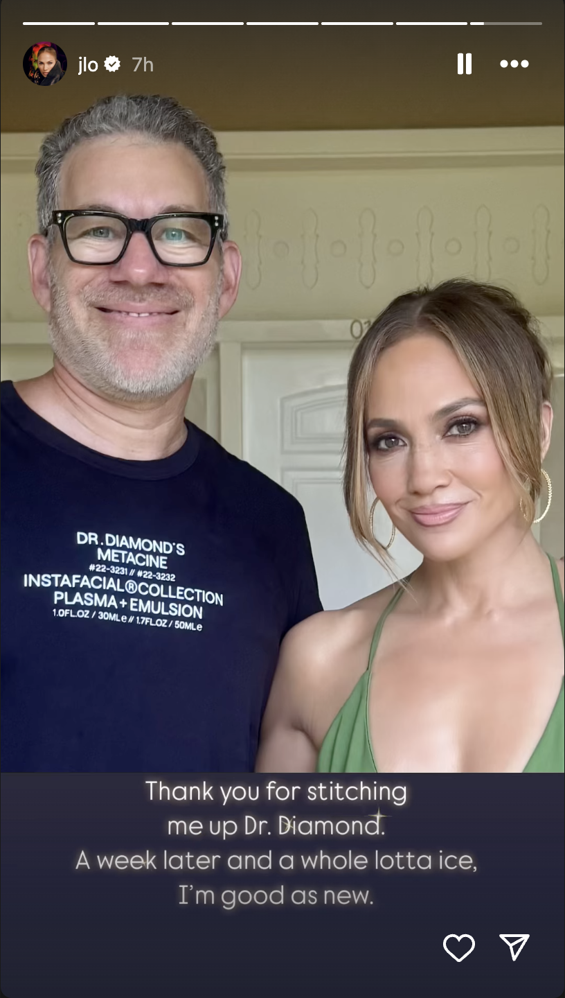 Jennifer Lopez posing with Dr. Jason Diamond who treated her injury, posted on her Instagram stories on May 13, 2025 | Source: Instagram/jlo