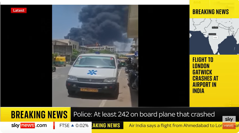 Huge plumes of smoke near Indian airport after plane crash, from a post dated June 12, 2025 | Source: Youtube/@SkyNews