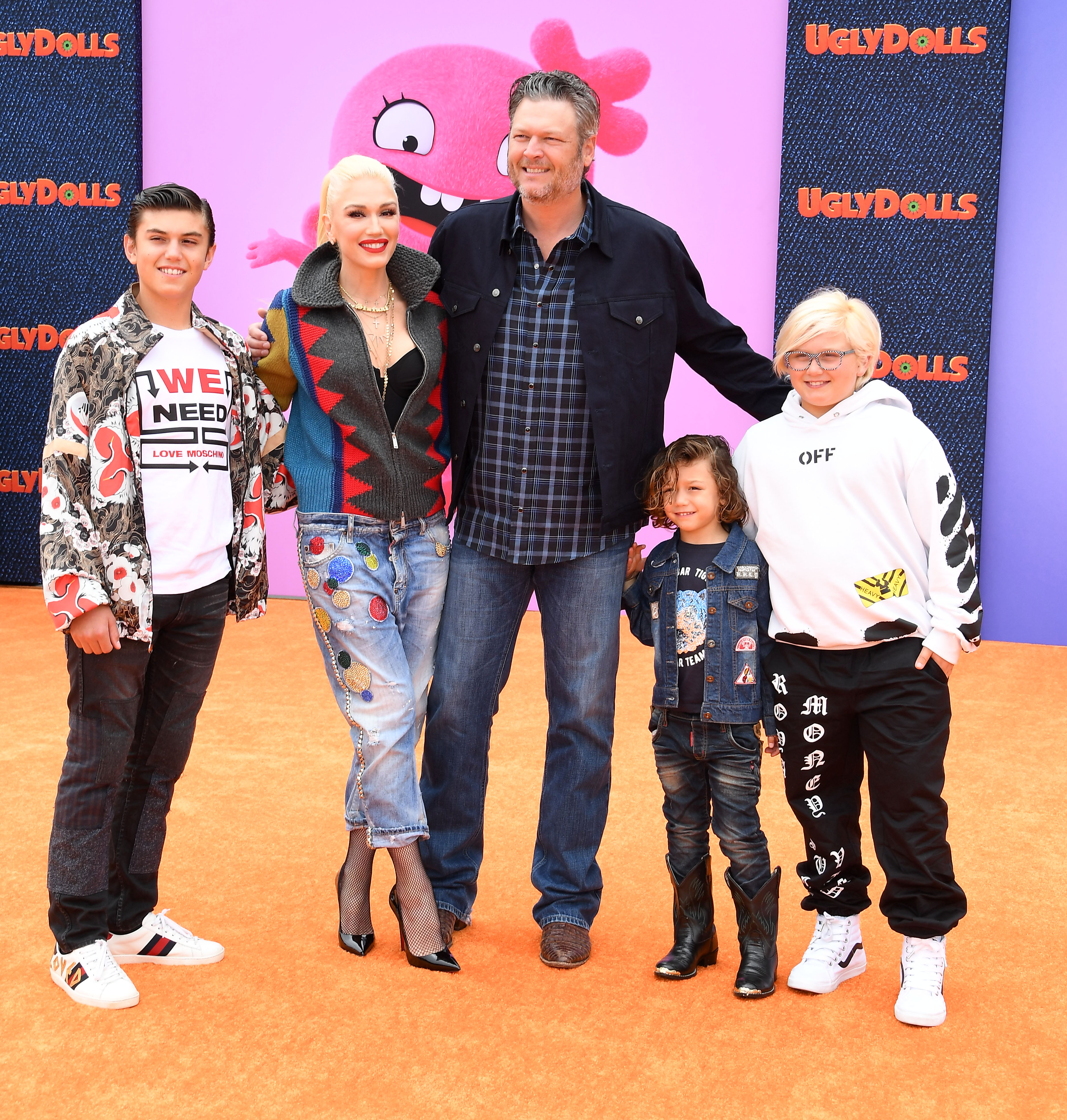 Gwen Stefani and Blake Shelton enjoyed a fun-filled family outing with Kingston Rossdale, Apollo Bowie Flynn Rossdale, and Zuma Nesta Rock Rossdale as they attended the STX Films World Premiere of "UglyDolls" at Regal Cinemas L.A. Live on April 27, 2019, in Los Angeles, California. | Source: Getty Images