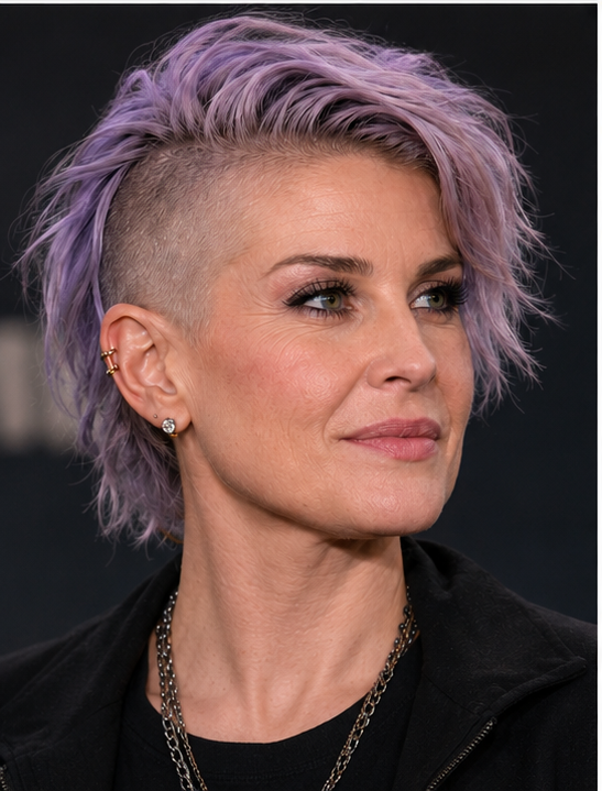 AI visualization of Kelly Osbourne in a side-profile beauty portrait highlighting a textured violet hairstyle and layered silver accessories. | Source: ChatGPT