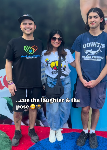 After that cheeky moment, the brothers simply posed with Tanaya Amar, who attened the King of Popcorn event on August 28, 2026. | Source: Instagram/tanayaamar