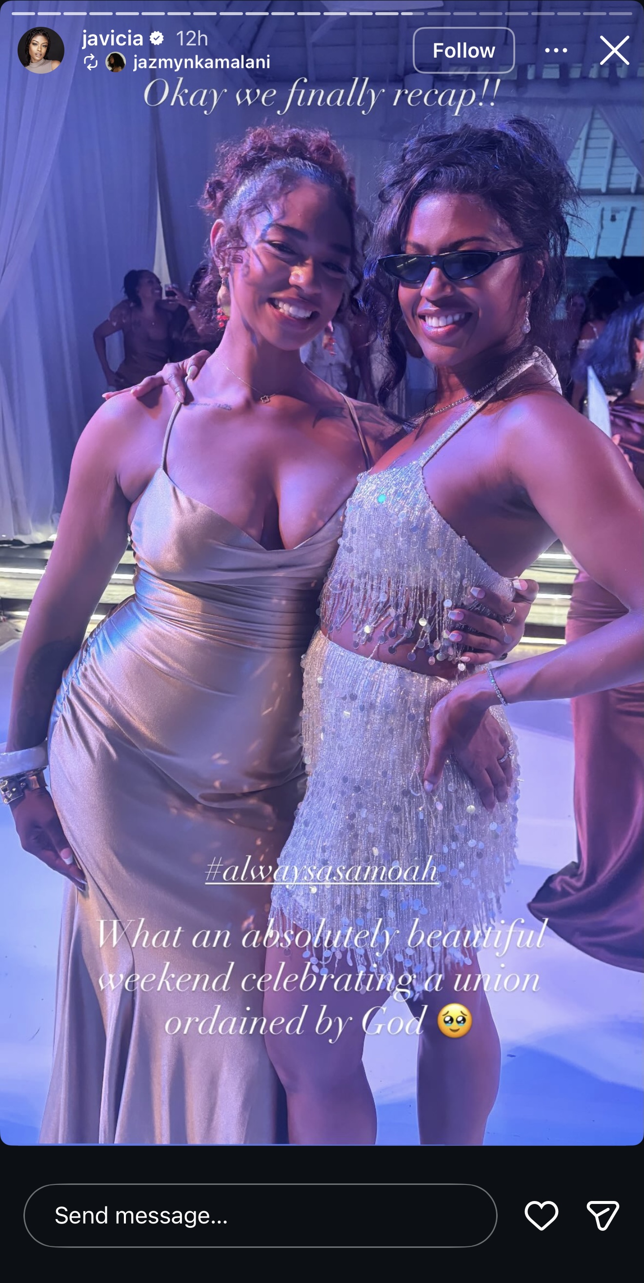 Javicia Leslie, in a third look, poses with a guest in an elegant evening gown at her wedding. | Source: Instagram/javicia