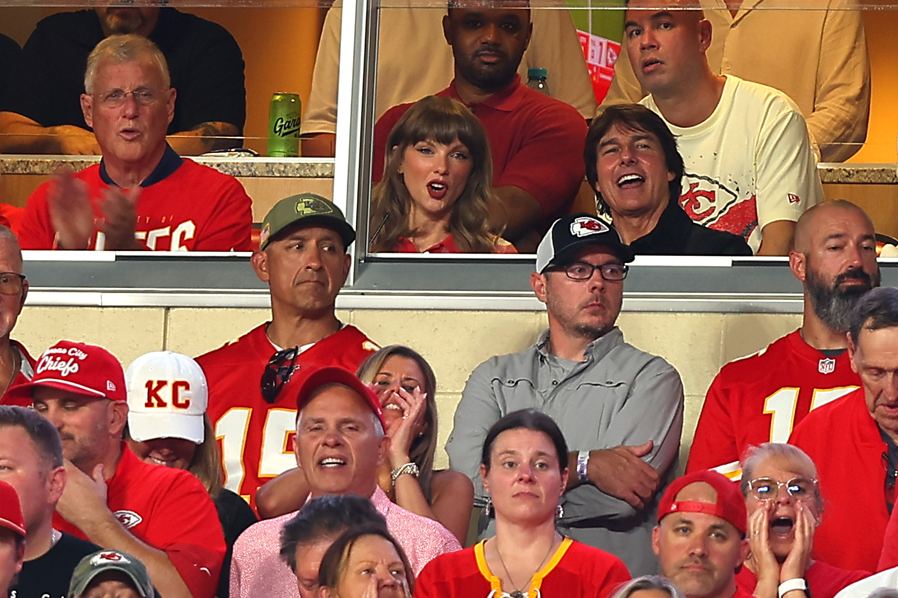 Taylor Swift and actor Tom Cruise watch the Kansas City Chiefs take on the Denver Broncos from a suite at Arrowhead Stadium on September 14, 2026, in Kansas City, Missouri. | Photo by David Eulitt/Getty Images