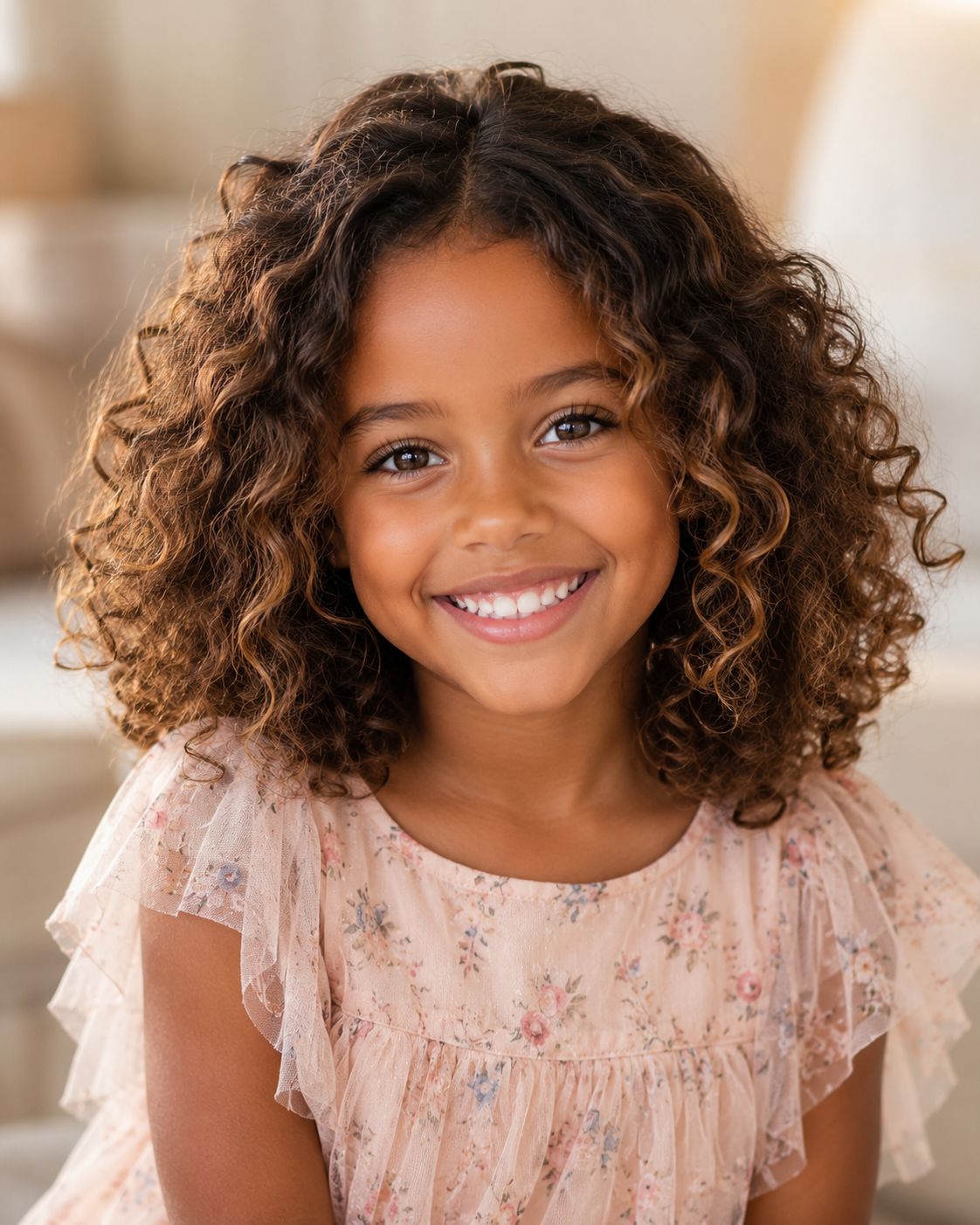 AI imagined a younger fictional daughter with voluminous brown curls, bright eyes and a wide smile. Again, this is not a real child and should be viewed only as a creative AI interpretation of what inherited features might hypothetically look like. | Source: ChatGPT