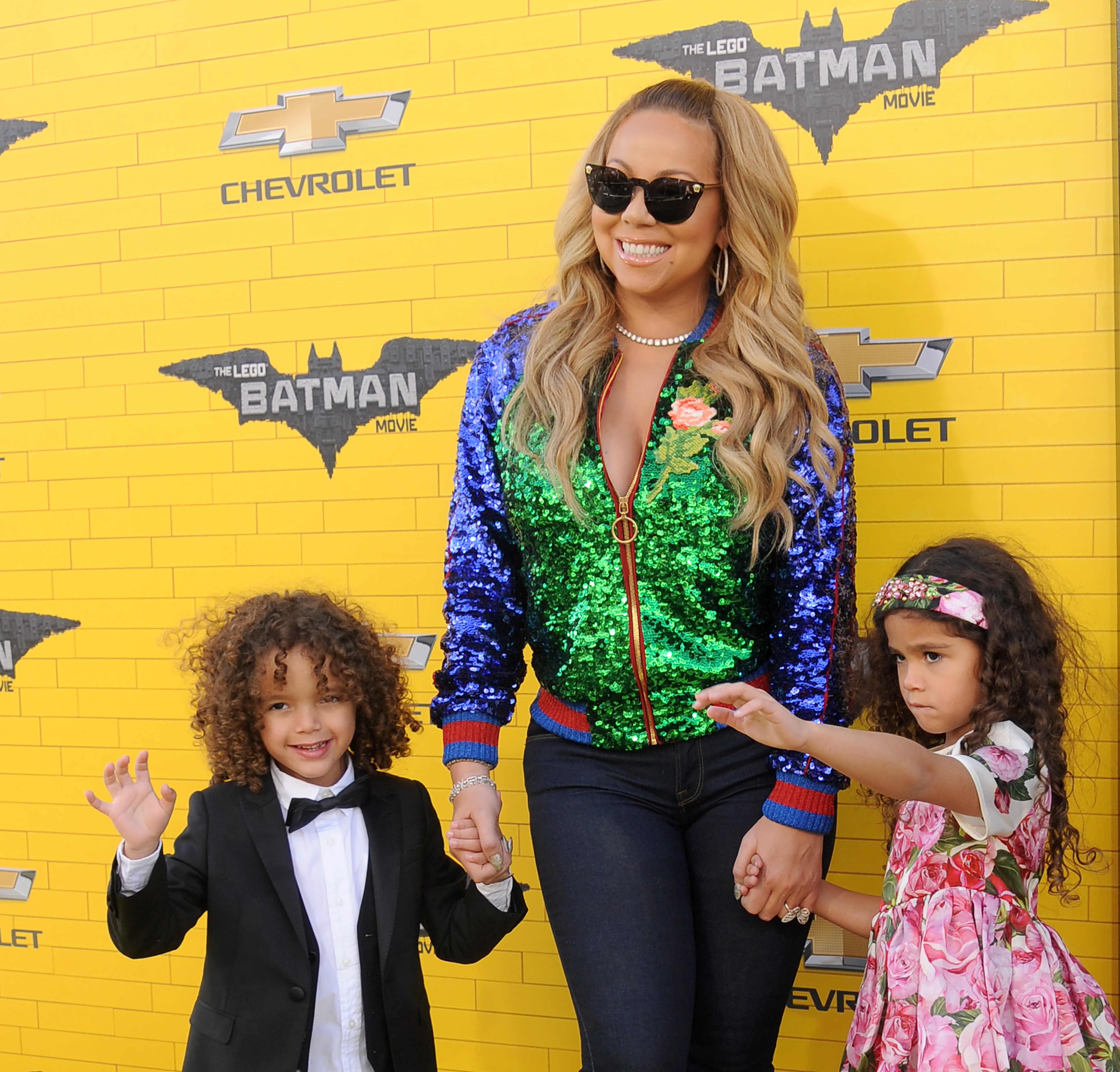 Mariah Carey and her twins, Moroccan Scott Cannon and Monroe Cannon, both aged 5, arrive at the premiere of Warner Bros. Pictures' "The LEGO Batman Movie" at the Regency Village Theatre on February 4, 2017, in Westwood, California.