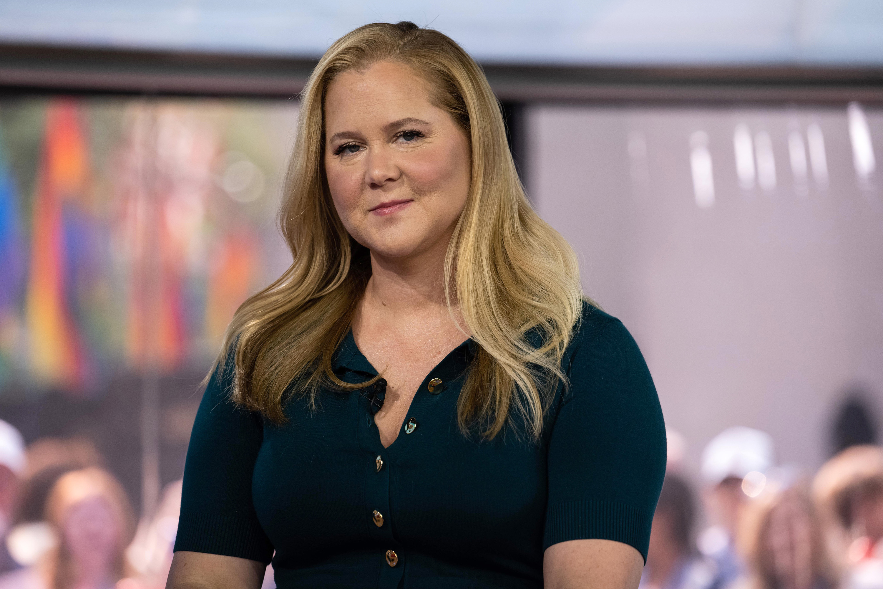 Amy Schumer appears on the "Today" show during a studio segment. She wears a buttoned navy dress and smiles softly with her hair styled in loose waves.