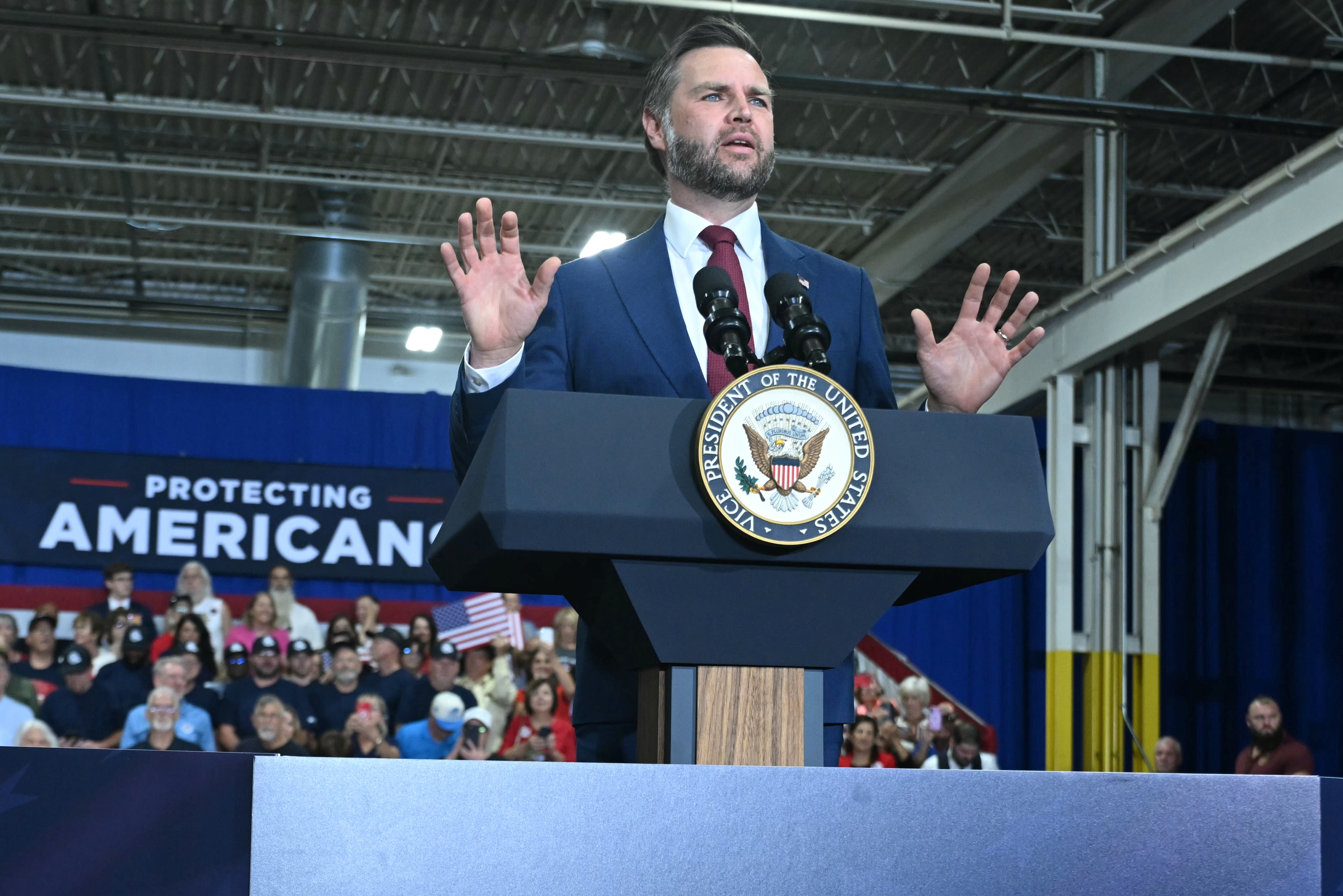 JD Vance speaks at a MAGA Inc. Super PAC event on August 31, 2026 in Sterling Heights, Michigan. | Source: Getty Images