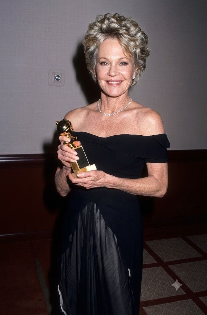 Inspired by Griffith's appearance at the 1989 Golden Globe Awards, this AI-generated image envisions how she may have looked had she embraced natural aging. The recreation retains the elegance of the original portrait while introducing realistic age-related features. | Source: AI/Gemini