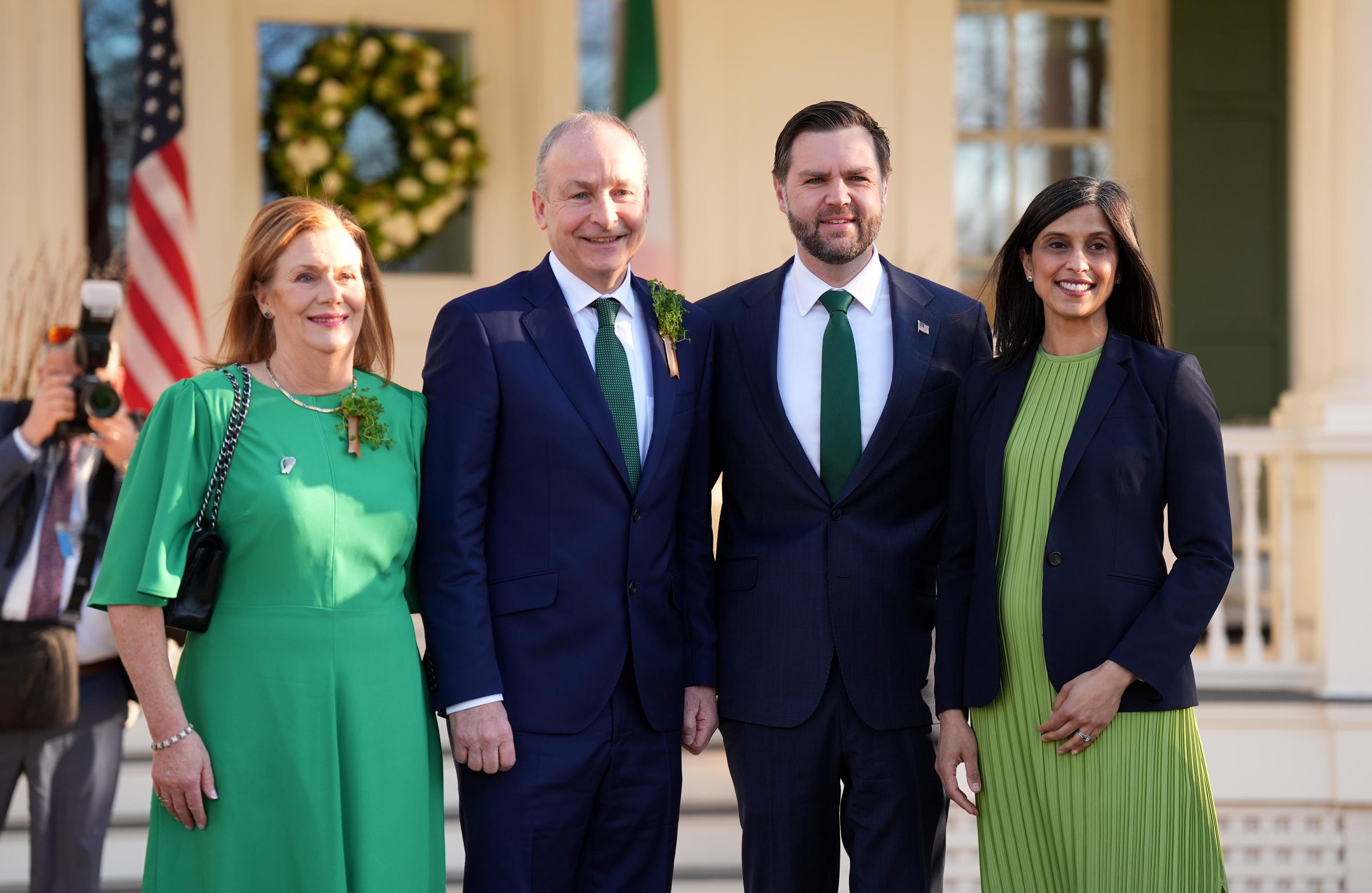 The attention surrounding the Vance family started well before the birth announcement. After these photos were shared in March, many social media users focused on Usha Vance's appearance instead of the meeting with Irish Taoiseach Micheál Martin and his wife, Mary O'Shea. | Source: Getty Images