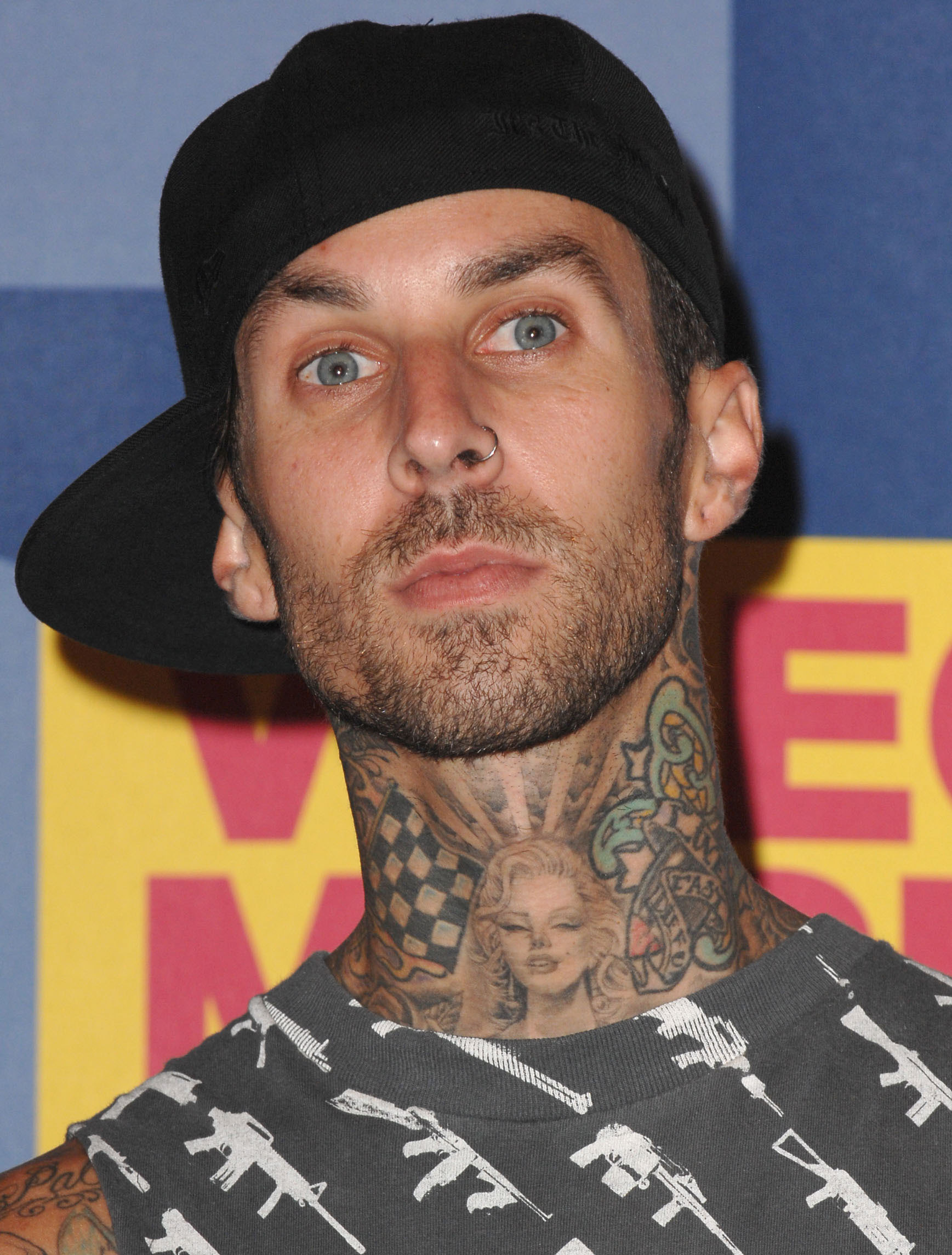 Travis Barker in a press room during the 2008 MTV Video Music Awards at Paramount Pictures Studios in Los Angeles, California, on September 7. | Source: Getty Images