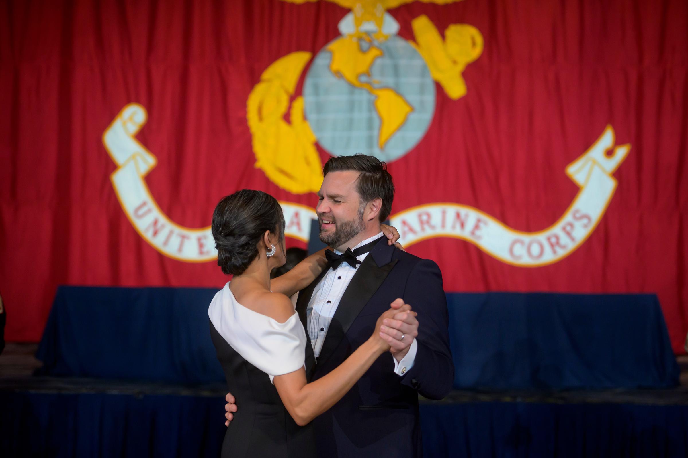 US Second Lady Usha Vance and US Vice President JD Vance dancing at the Marine Ball in Washington, DC on November 8, 2025. | Source: Getty Images