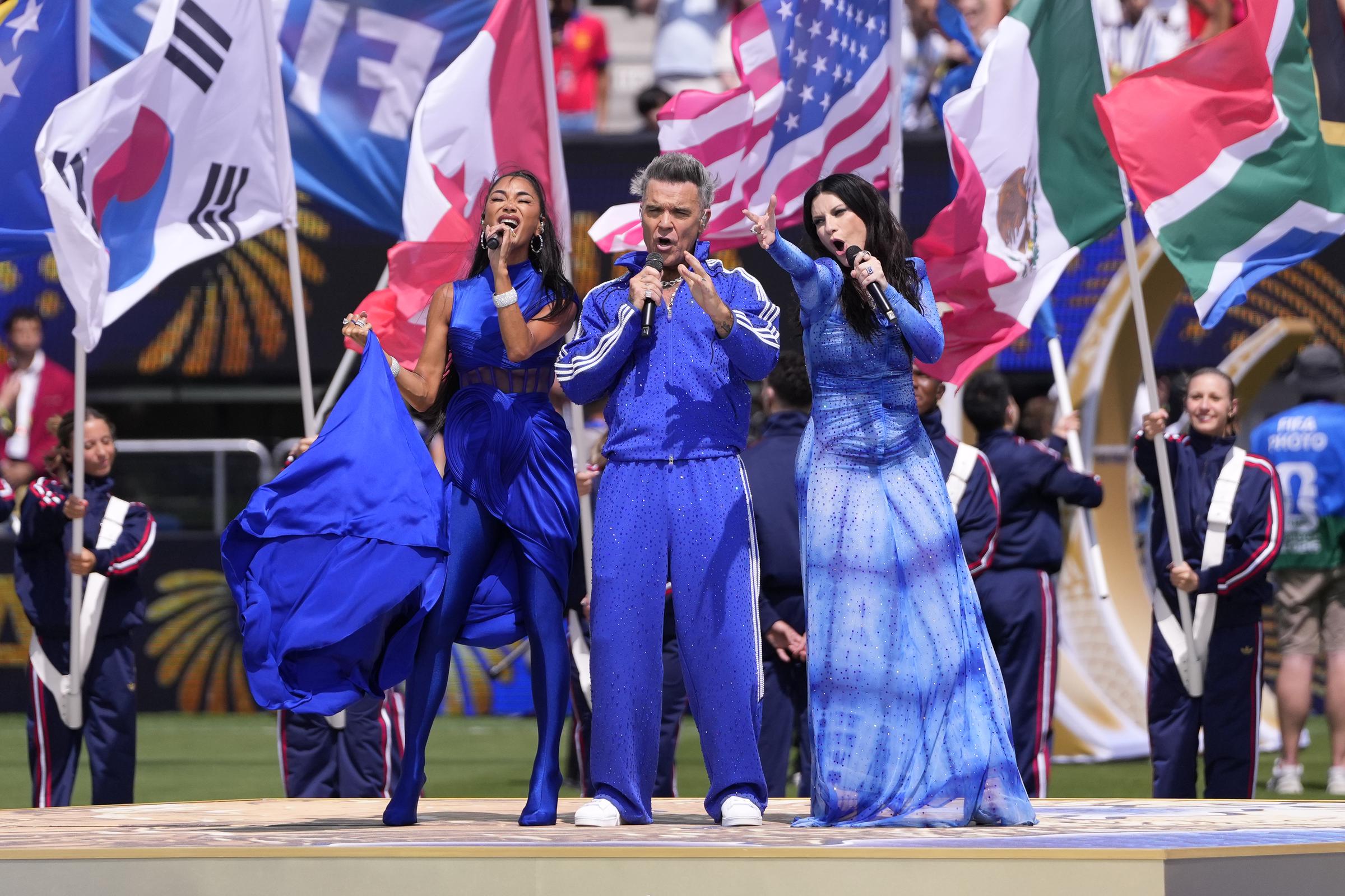 The pre-match program featured several major musical performances before Jennifer Hudson's fiercely debated national anthem rendition. Viewers praised its power and passion, although others argued that the theatrical arrangement overwhelmed the familiar song. | Source: Getty Images