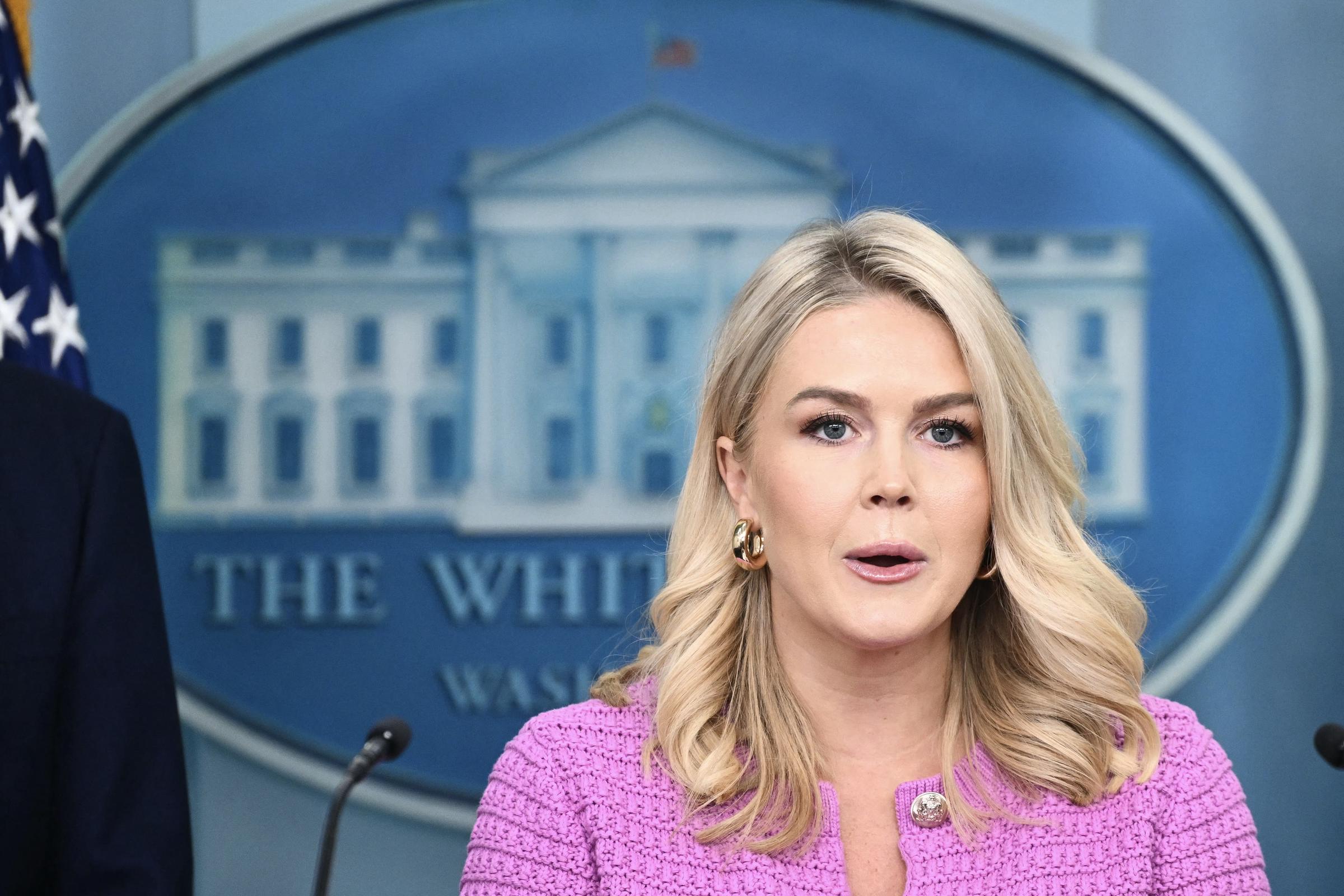 Karoline Leavitt addressing reporters about Amazon. | Source: Getty Images