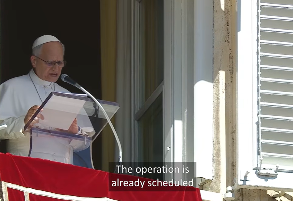 Pope Leo XIV reads from a document during his Angelus address at the Vatican on October 11, 2026, as he announces that surgery has been scheduled to remove a lung nodule. Vatican spokesman Matteo Bruni said the procedure was planned for early in the week, with an estimated postoperative recovery period of about one week. | Source: YouTube/Vatican News - English