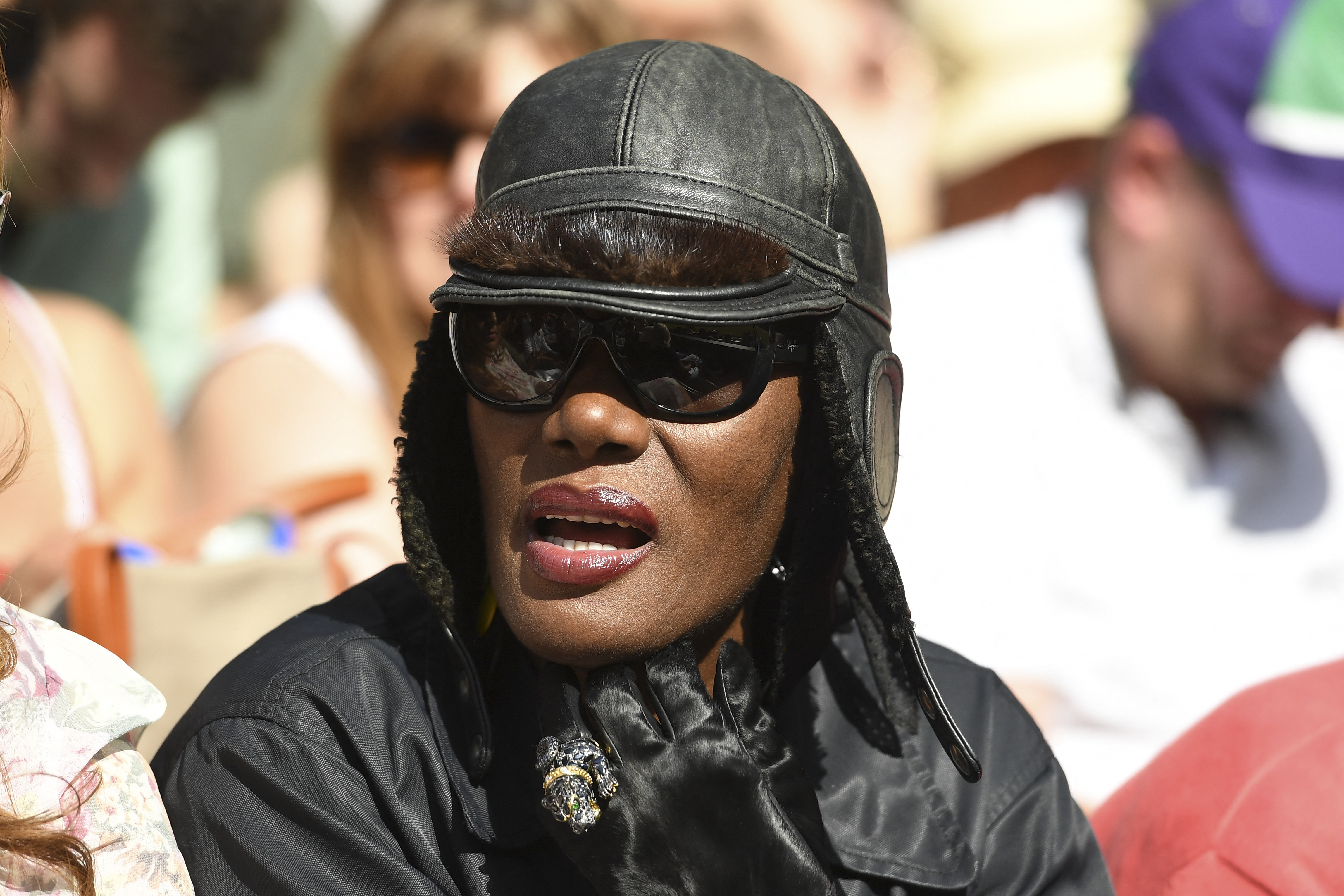 Grace Jones during the Wimbledon Championships in southwest London, England on July 14, 2017. | Source: Getty Images