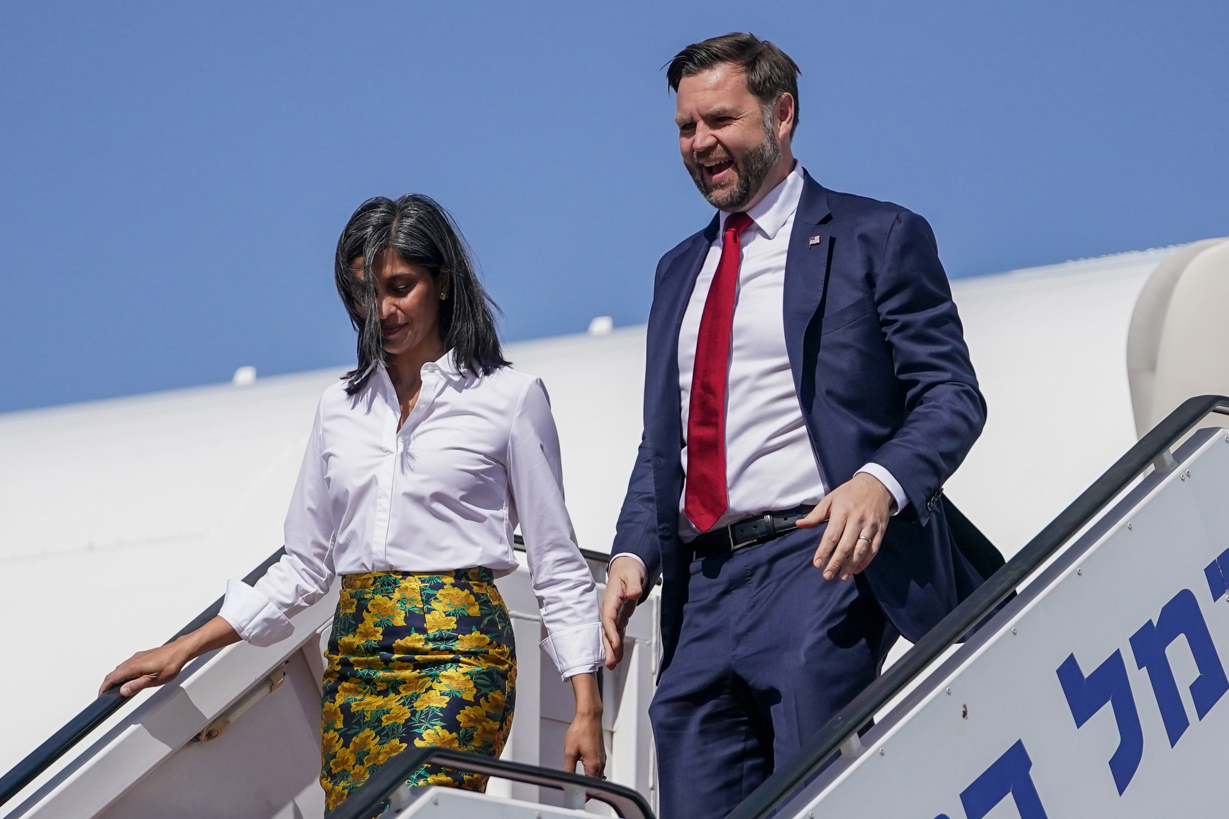 Usha and JD Vance disembarking Air Force Two on arrival to Ben Gurion airport in Tel Aviv, Israel on October 21, 2025. | Source: Getty Images