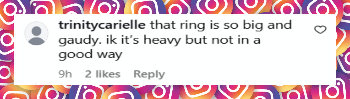 A netizen's comment about Georgina Rodriguez's engagement ring after her apearance at the red carpet of the 82th Venice Film Festival on August 31, 2025 | Source: Instagram/tmz_tv