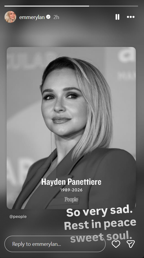 Emme Rylan shared a black-and-white portrait marking Hayden Panettiere's life from 1989 to 2026. The actress expressed her sadness and paid tribute to Hayden following her death. | Source: Instagram/emmerylan