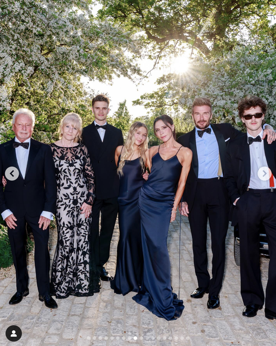 Victoria and David Beckham are seen with their kids, Harper, Romeo, and Cruz, and Victoria's parents Anthony and Jackie Adams, in a photo dated May 4, 2025 | Source: Instagram/victoriabeckham