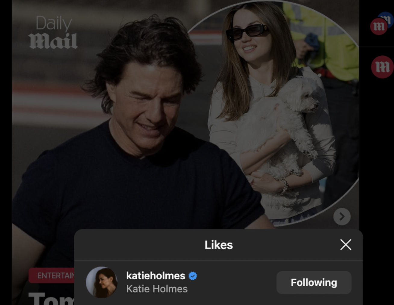 The on-screen pop-up of Katie Holmes' verified Instagram handle, complete with a “Following” tag, on a post that announced Tom Cruise and Ana de Armas relationship, added a surprising layer of intrigue, sparking renewed speculation, public curiosity, and a swirl of reactions across celebrity circles | Source: Instagram/dailymailentertainment