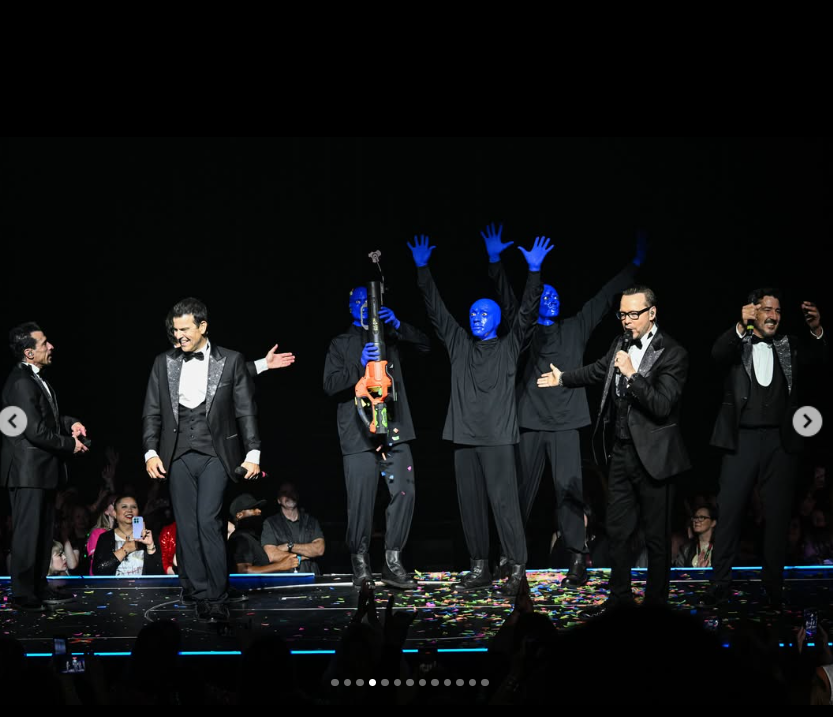 New Kids on the Block share the stage with Blue Man Group performers during their Las Vegas residency at Dolby Live at Park MGM. Donnie Wahlberg's October 17, 2026, performance marked the final show of the band's scheduled October run, one day before his private jet overran a runway in Las Vegas. | Source: Instagram/nkotb