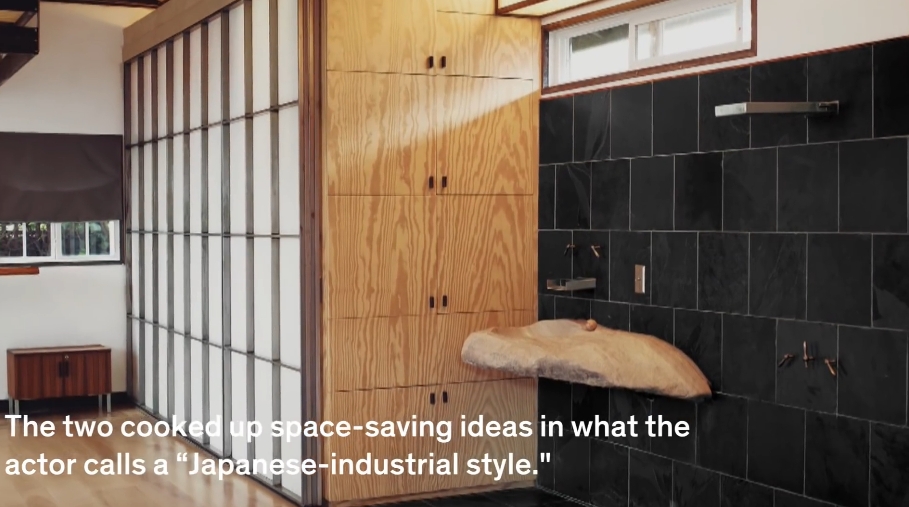 Vincent Kartheiser's compact Los Angeles home is shown in this image from a video dated April 11, 2018, highlighting its sliding shoji screens and space-saving "Japanese-industrial" design. | Source: YouTube/Dwell