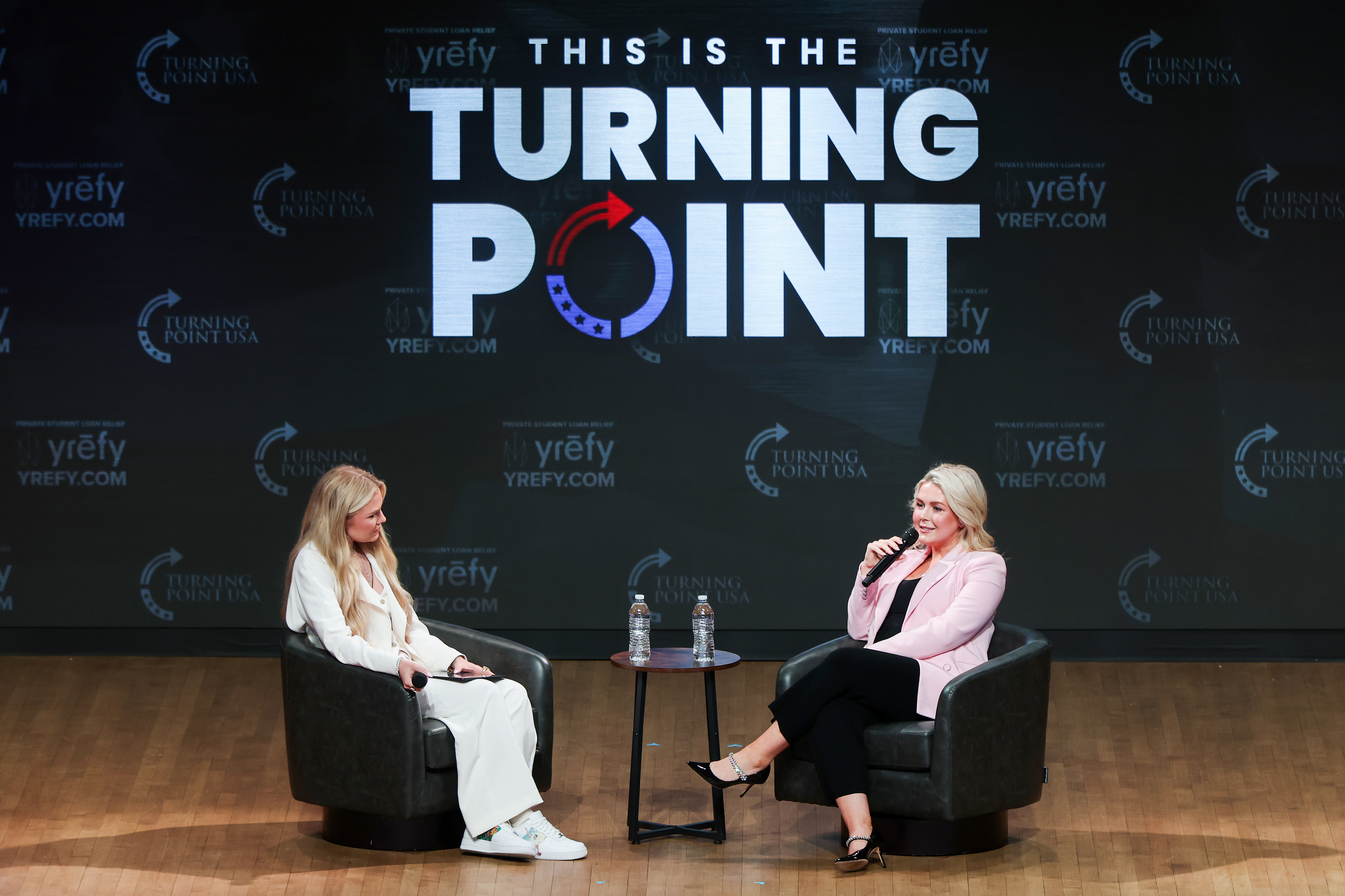 Erika Kirk and Karoline Leavitt during a Turning Point USA stop at the Lisner Auditorium at George Washington University on April 2, 2026, in Washington, DC | Source: Getty Images