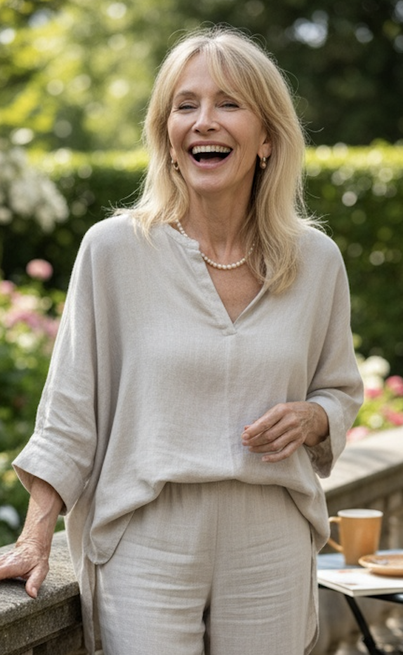 How Trudie Styler would've possibly looked if she hadn't needed so many surgeries after the van accident. Although her defined cheeks are still prominent, they have a softer look even while she's laughing. | Source: Grok