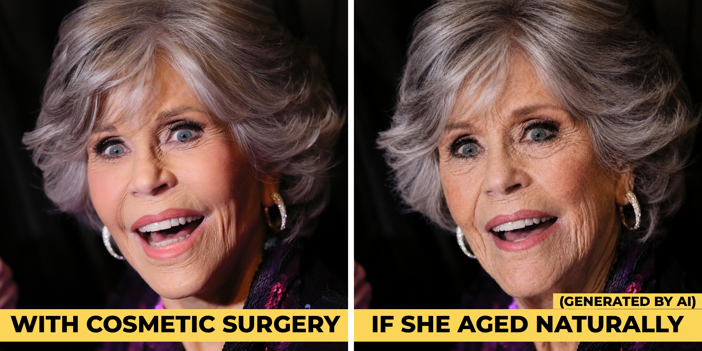Jane Fonda's actual appearance (left) compared with an AI-generated interpretation. | Source: Getty Images | ChatGPT
