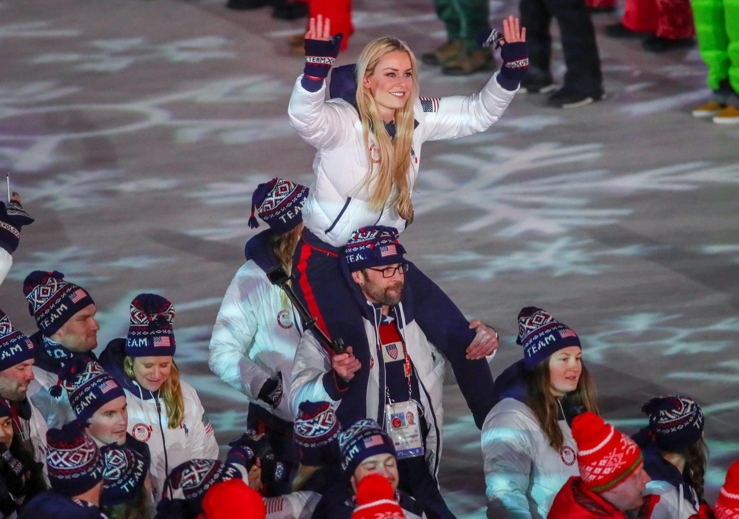 Lindsey Vonn is carried by fellow athletes during the Olympics closing ceremony on February 25, 2018 in South Korea, Pyeongchang | Source: Getty Images