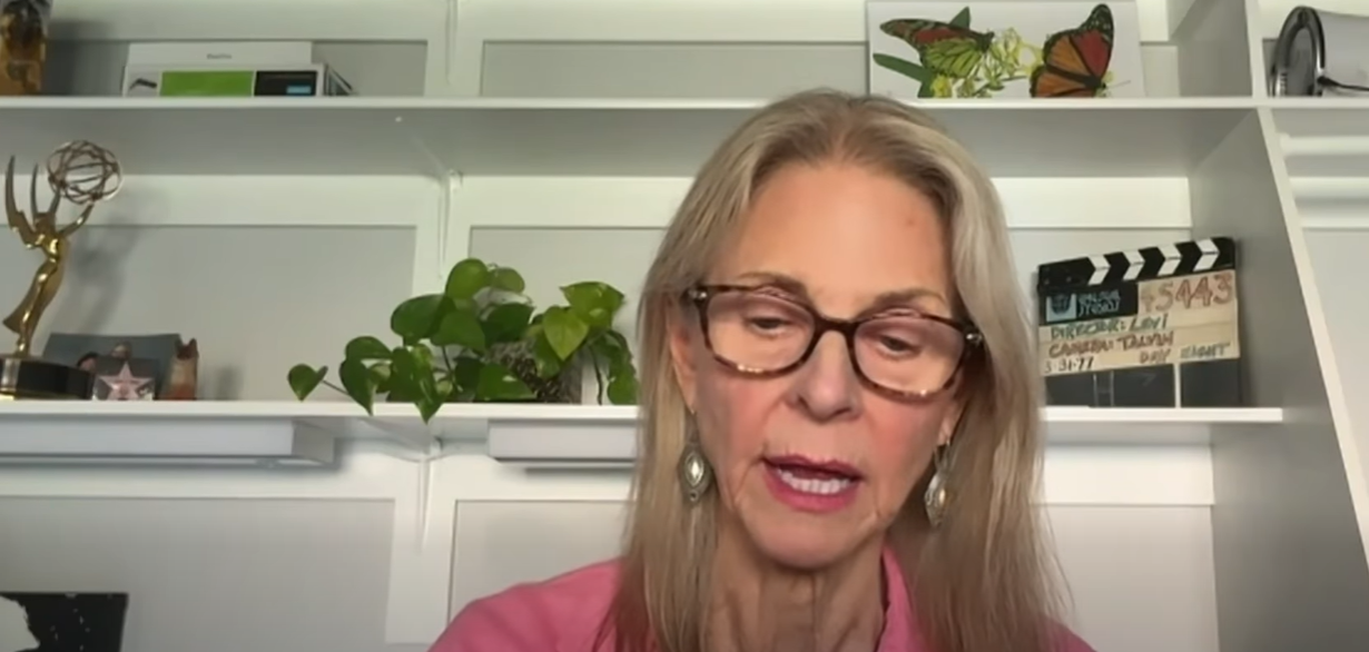 Wagner chats during the interview in a pink top and dangling earrings, with plants, artwork, and entertainment memorabilia — including an Emmy-style statuette — visible on the shelves behind her. | Source: Facebook/Lindsay Wagner