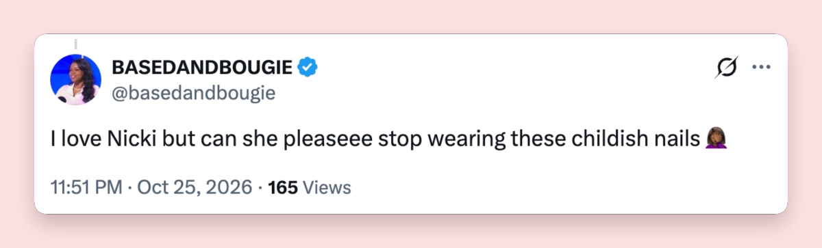 A fan expressed frustration with Nicki's signature extra-long nails, despite admitting to liking the rapper. | Source: X (Twitter)/@priscy776