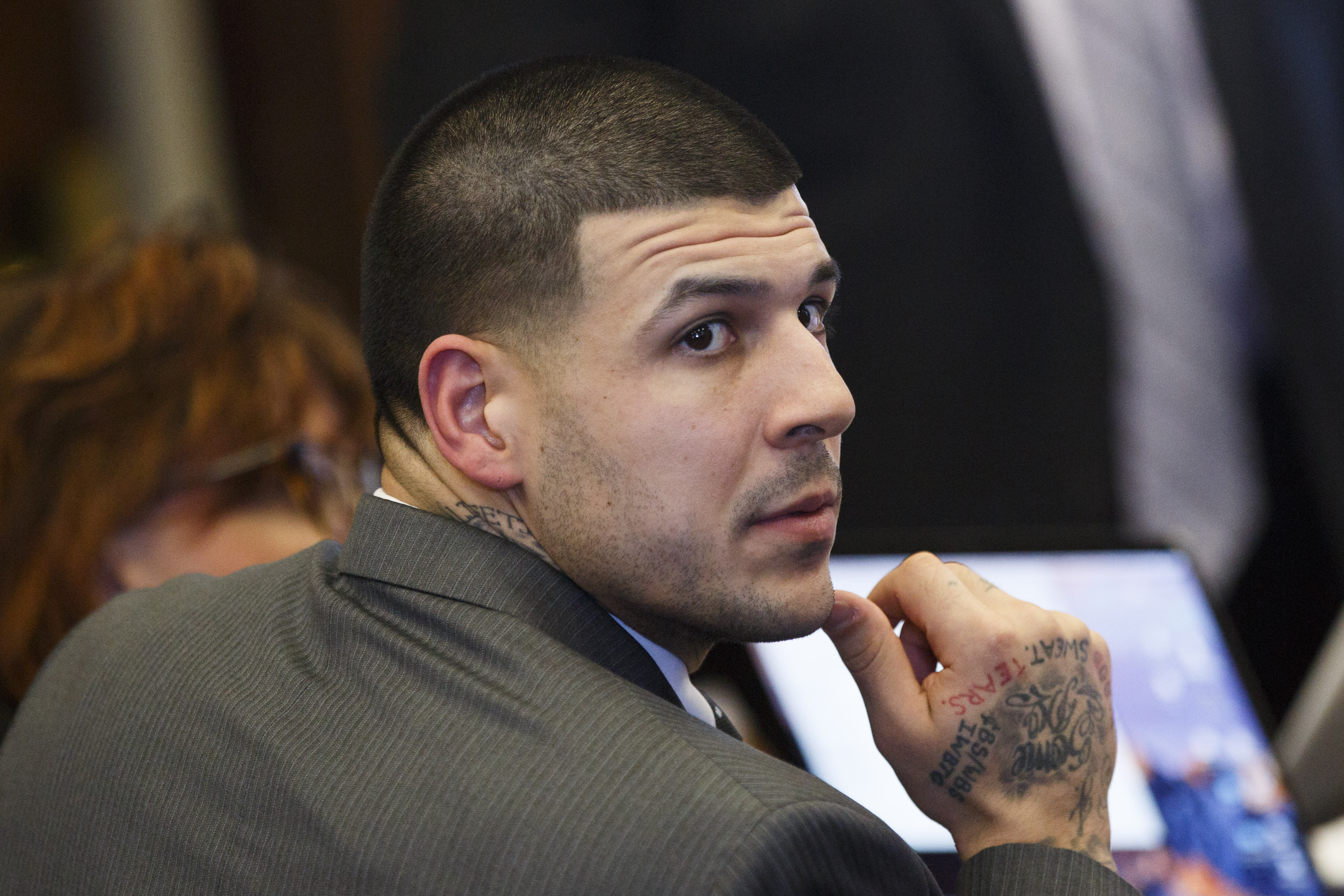 Aaron Hernandez during his double murder trial at Suffolk Superior Court in Boston, Massachusetts, on March 2, 2017. | Source: Getty Images