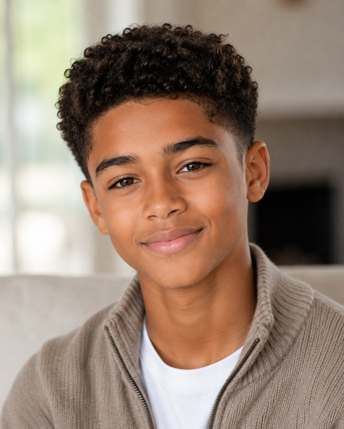 The final AI image aged the fictional concept forward again, imagining a teenage son with close curls and softly blended features. It closes the experiment with the same important caveat: this is AI fantasy, not a real Berry-Hunt child. | Source: ChatGPT