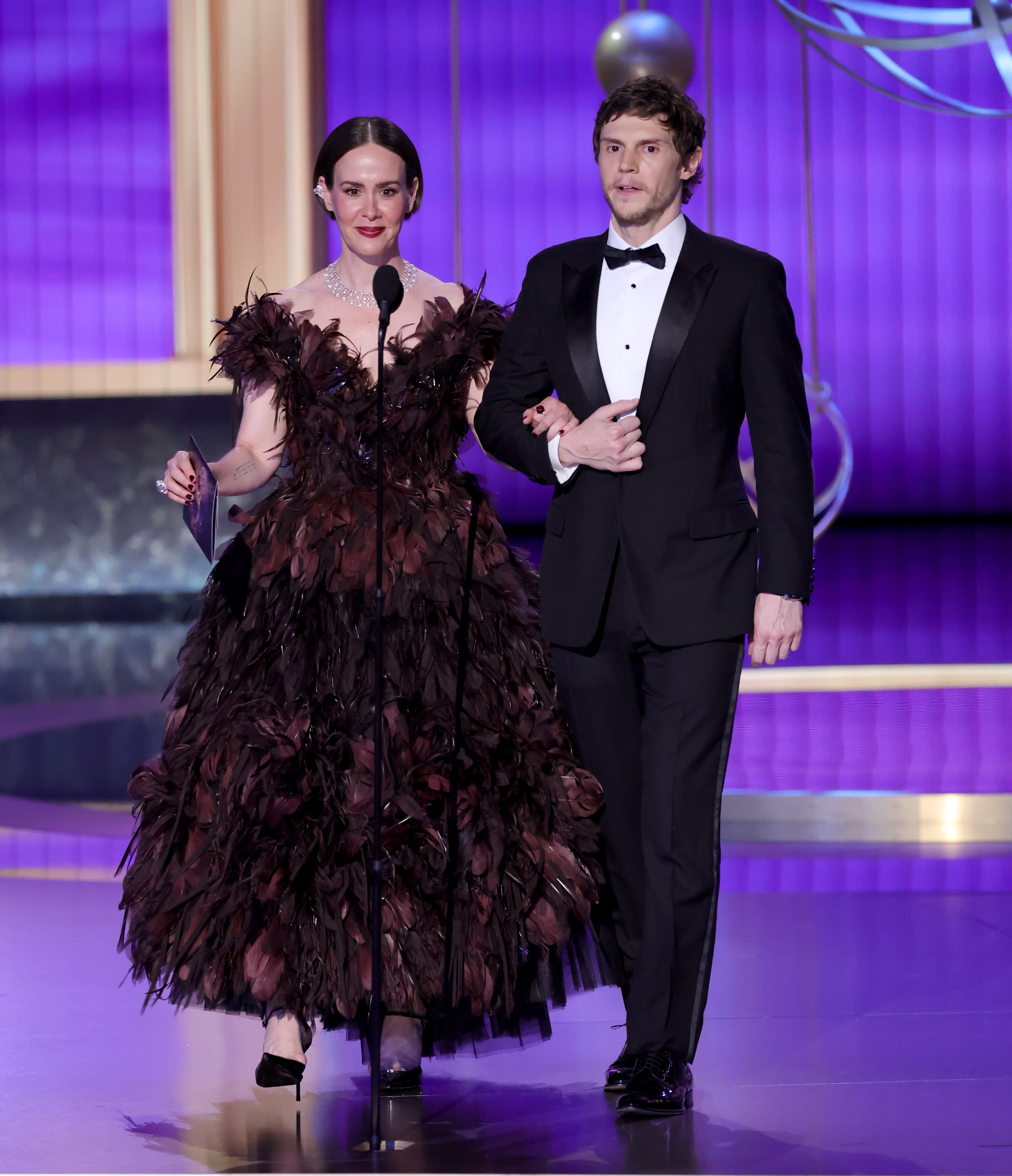 Sarah Paulson and Evan Peters speak onstage during the 77th Primetime Emmy Awards at Peacock Theater on September 14, 2025 | Source: Getty Images