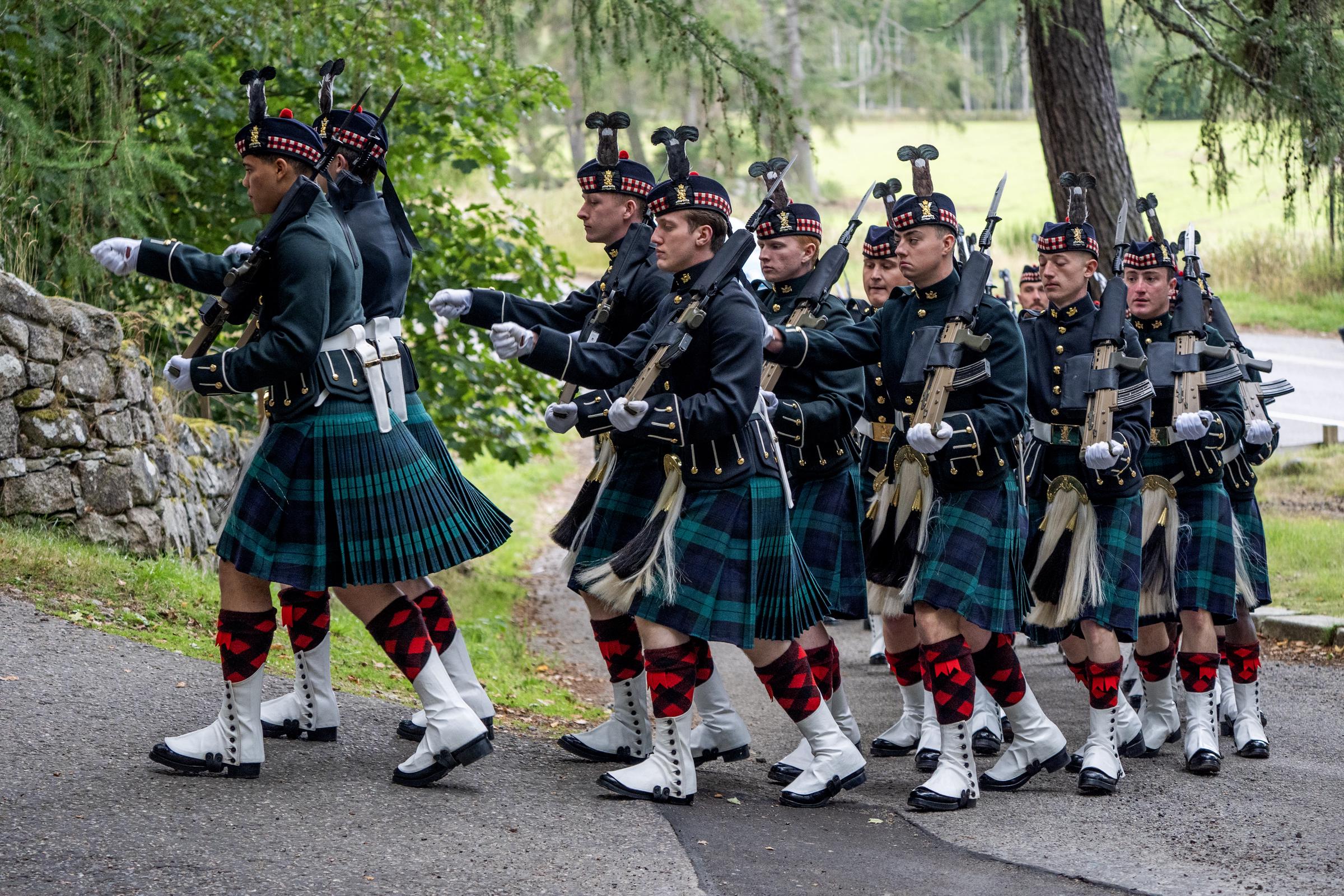 Members of Balaklava Company, 5 Battalion The Royal Regiment of Scotland outside Crathie Kirk, Balmoral where members of the royal family attended a Sunday church service on August 23, 2026. | Source: Getty Images