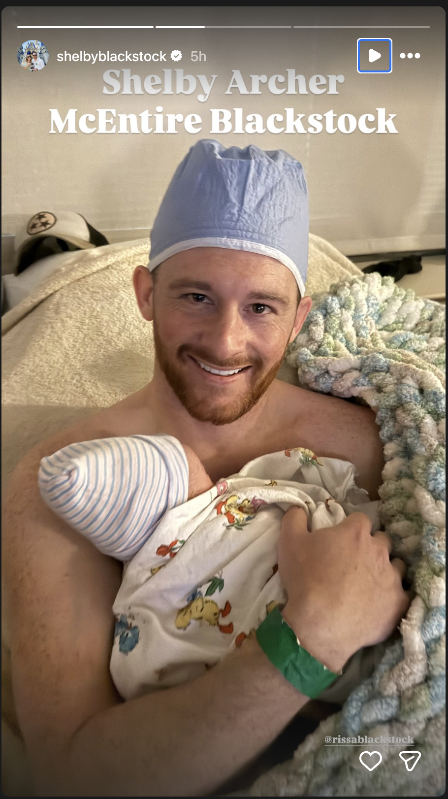 Shelby Blackstock holds his newborn son, Archie, against his chest in one of the family's first hospital photos together. | Source: Instagram/rissablackstock