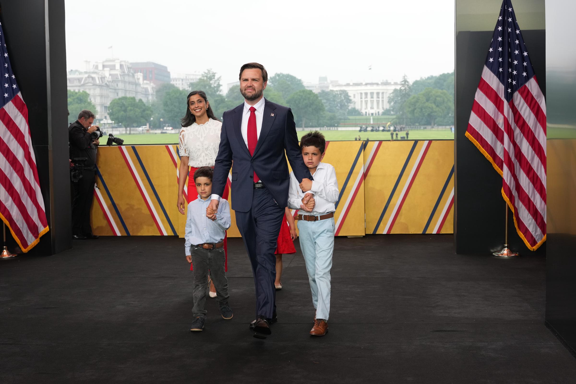 JD and Usha Vance walk with their children during the Army's 250th birthday celebration on the National Mall in Washington, DC, on June 14, 2025. | Source: Getty Images