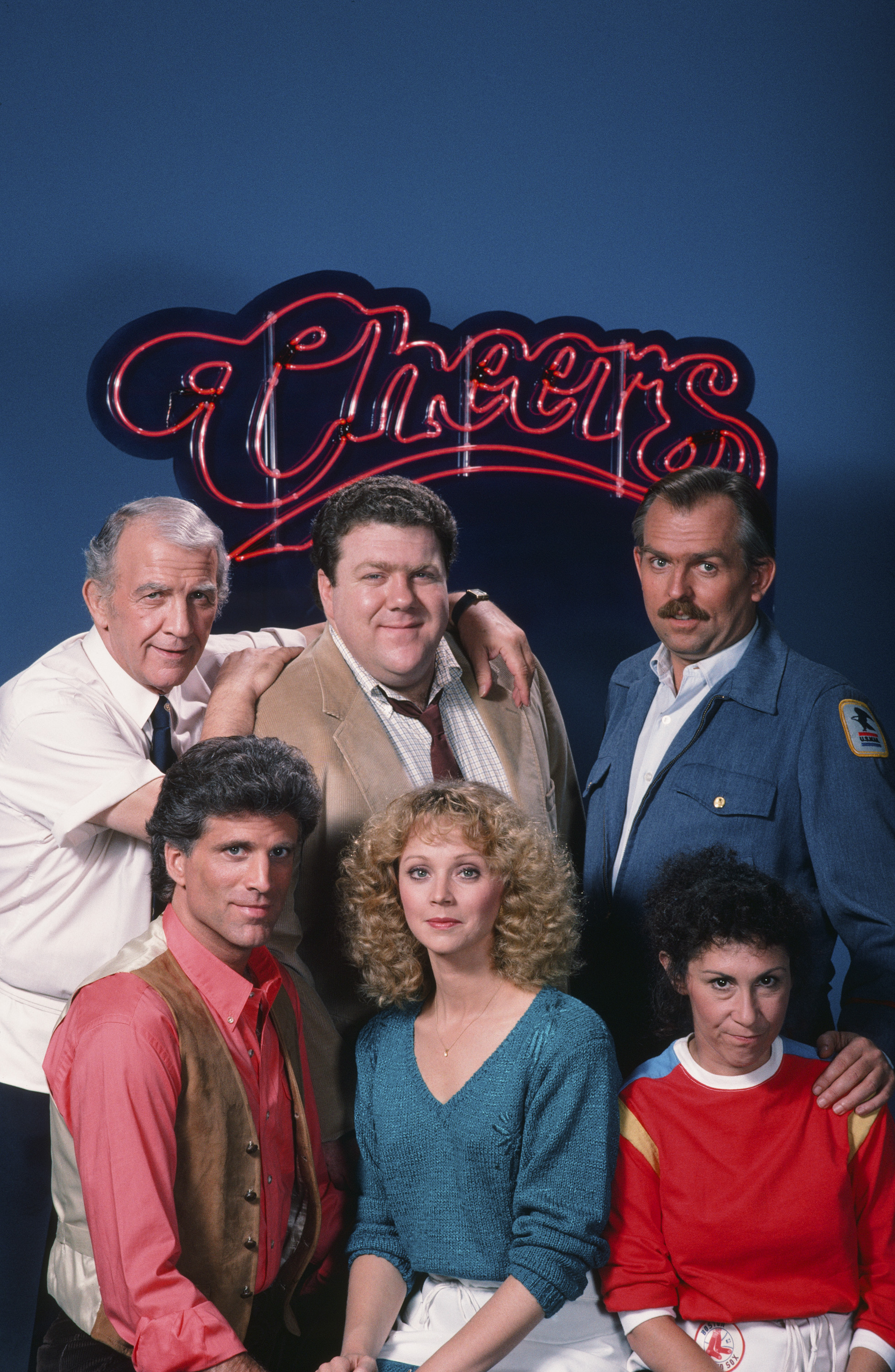 Nicholas Colasanto, Ted Danson, George Wendt, Shelley Long, John Ratzenberger, and Rhea Perlman appear in "Cheers" | Source: Getty Images