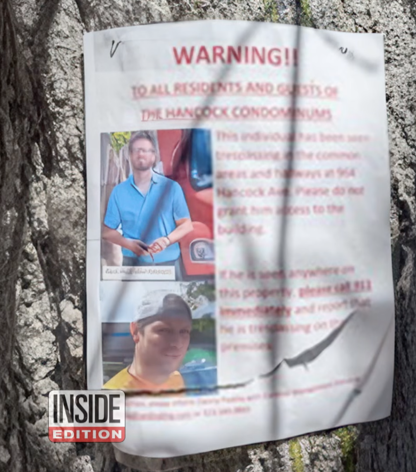 The HOA posted notices in late August 2025 urging residents to call police or 911 if they spotted Brian Hickerson on the property. The warnings remained up for about a week before being removed. | Source: YouTube/Inside Edition