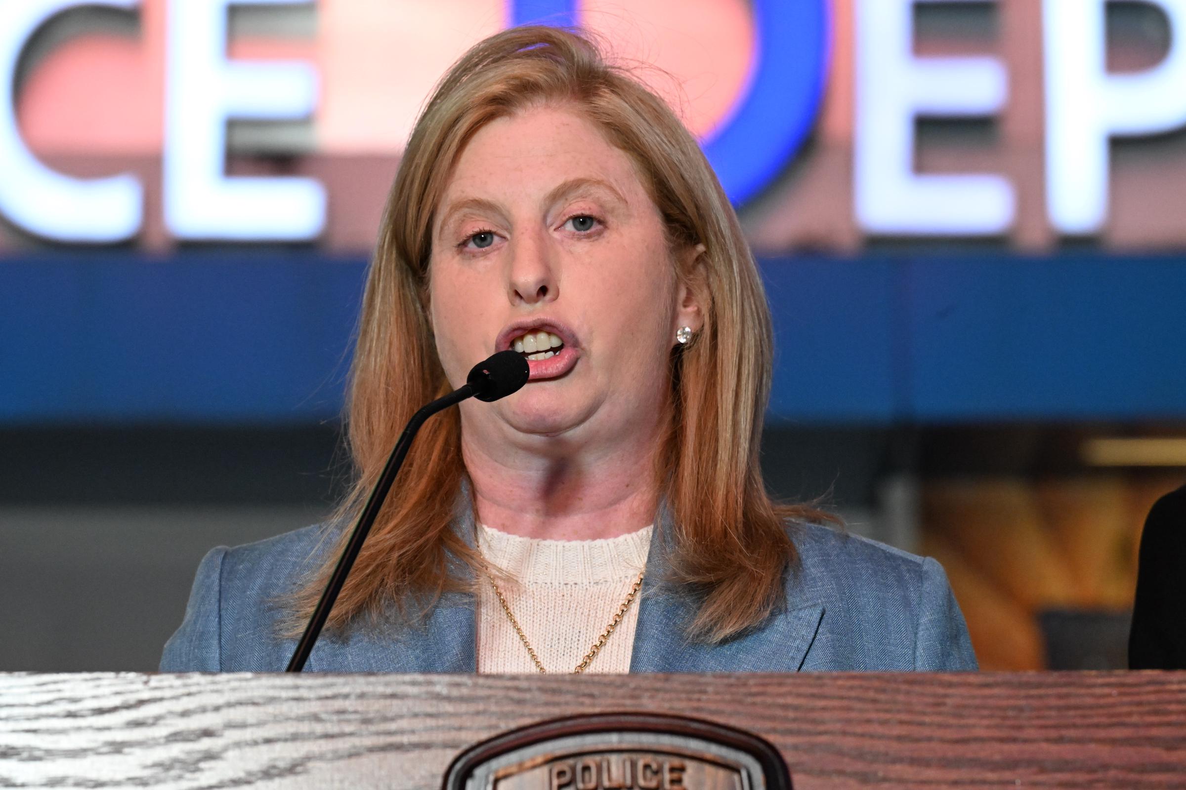 Jessica Tisch spoke during a press conference following a fatal stabbing incident near West 42nd Street and Seventh Avenue in Times Square on August 31, 2026, in New York, New York.
